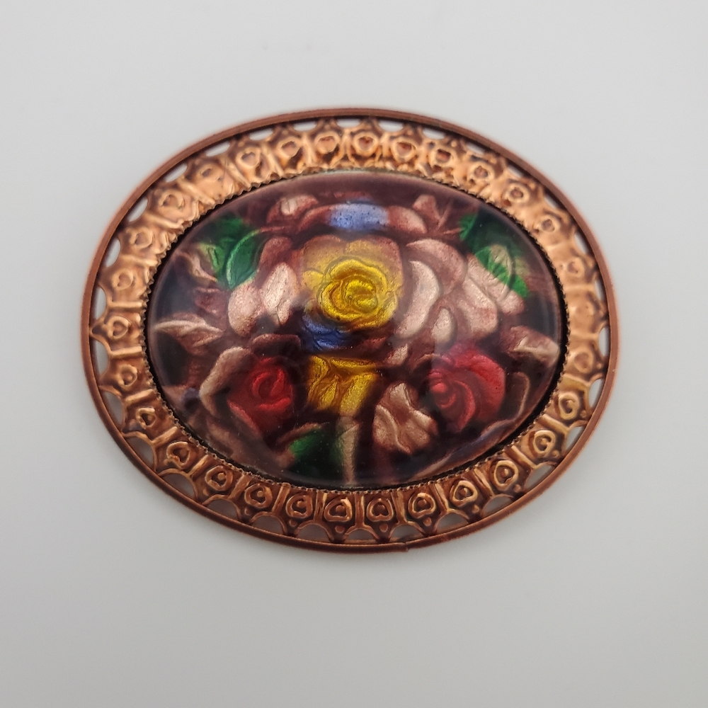 Vintage Domed Oval Infused Floral Roses Brooch In Ornate Copper Bezel
